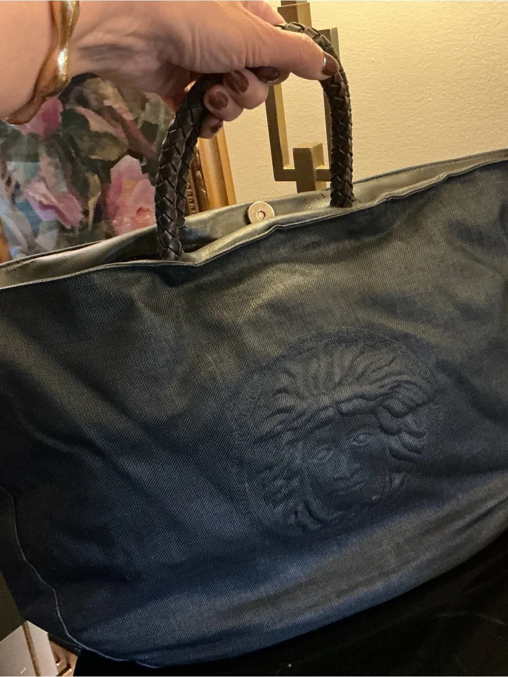 Versace Black Tote with Embossed Medusa Motif and Braided Handles